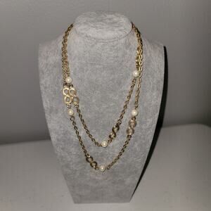 Vintage c1980 36" Gold-Tone Faux Pearl & Infinity Link Station Chain Necklace